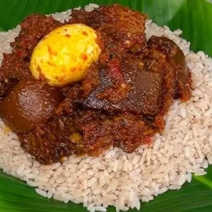 Ofada Rice with Orisirisi Protein and Boiled Egg